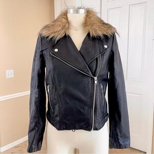 Faux Leather & Fur Trim Moto Jacket